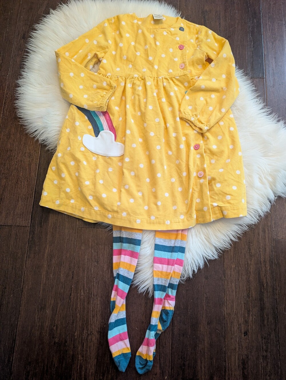 Frugi Organic Cotton Yellow Polka Dot Rainbow Appliqué Dress Striped Tights 6-7y